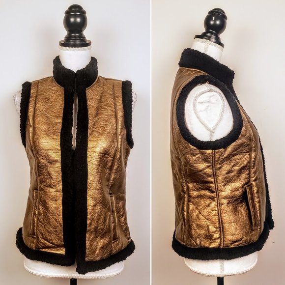 Ralph Lauren Jackets & Blazers - RALPH LAUREN Vest, Black Gold Pockets Faux Fur, PS